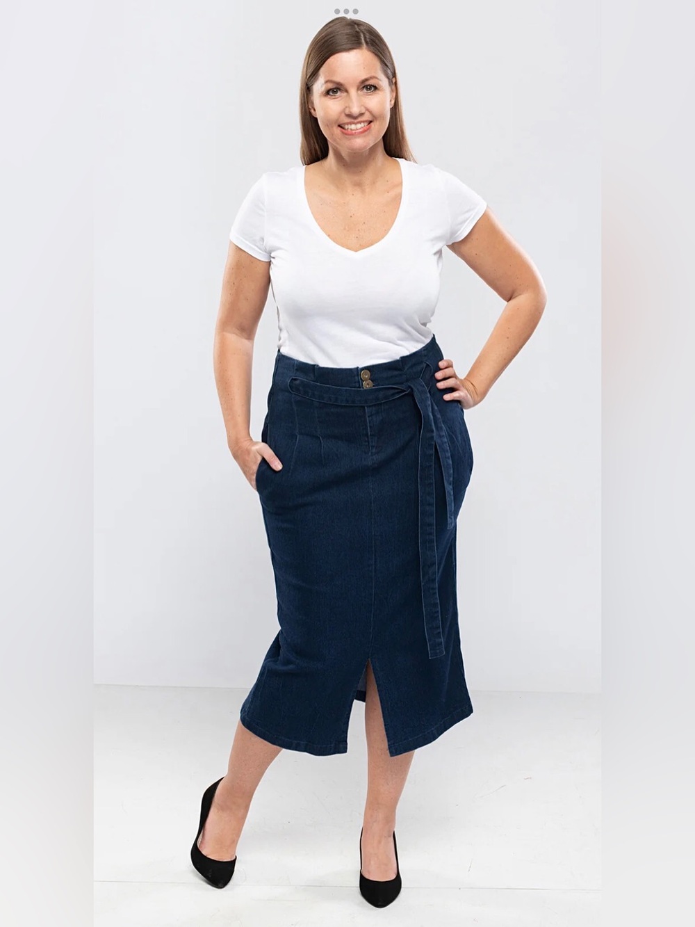 Denim Midi Pencil Skirt-Dark Wash